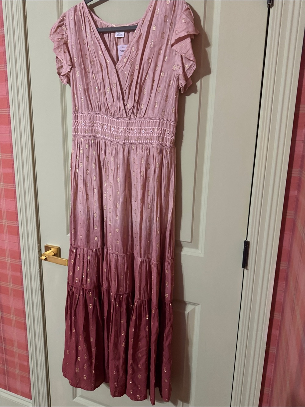 Sweet Magnolia Pink Ombre Maxi Dress with Gold Motif